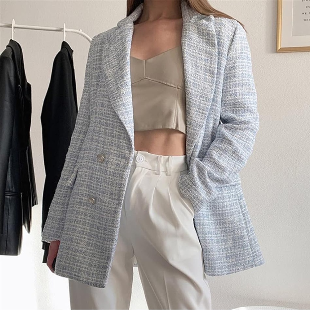 🤍💙 7 For All Mankind Tweed Blazer Jacket Tailored Plaid Silver Buttons Size L